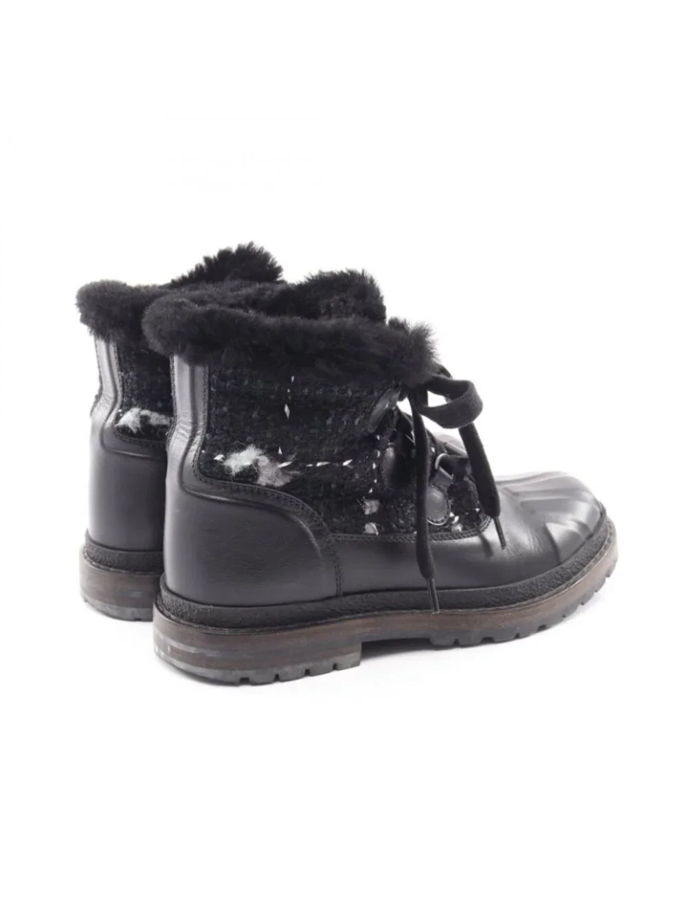 Chanel Boots CC Logo Ankle Combat Fabric Leather